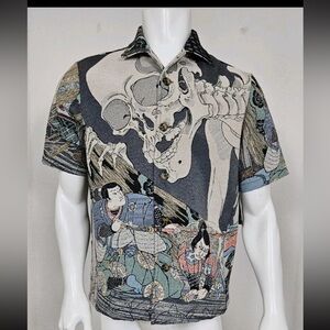 Rebel Vengeance Mens Shirt Sz L Short Sleeve Button Japanese All Over Print